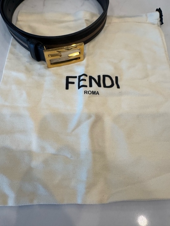 Fendi Black Baguette Leather $ Fabric Belt with Gold Fendi Logo Buckle